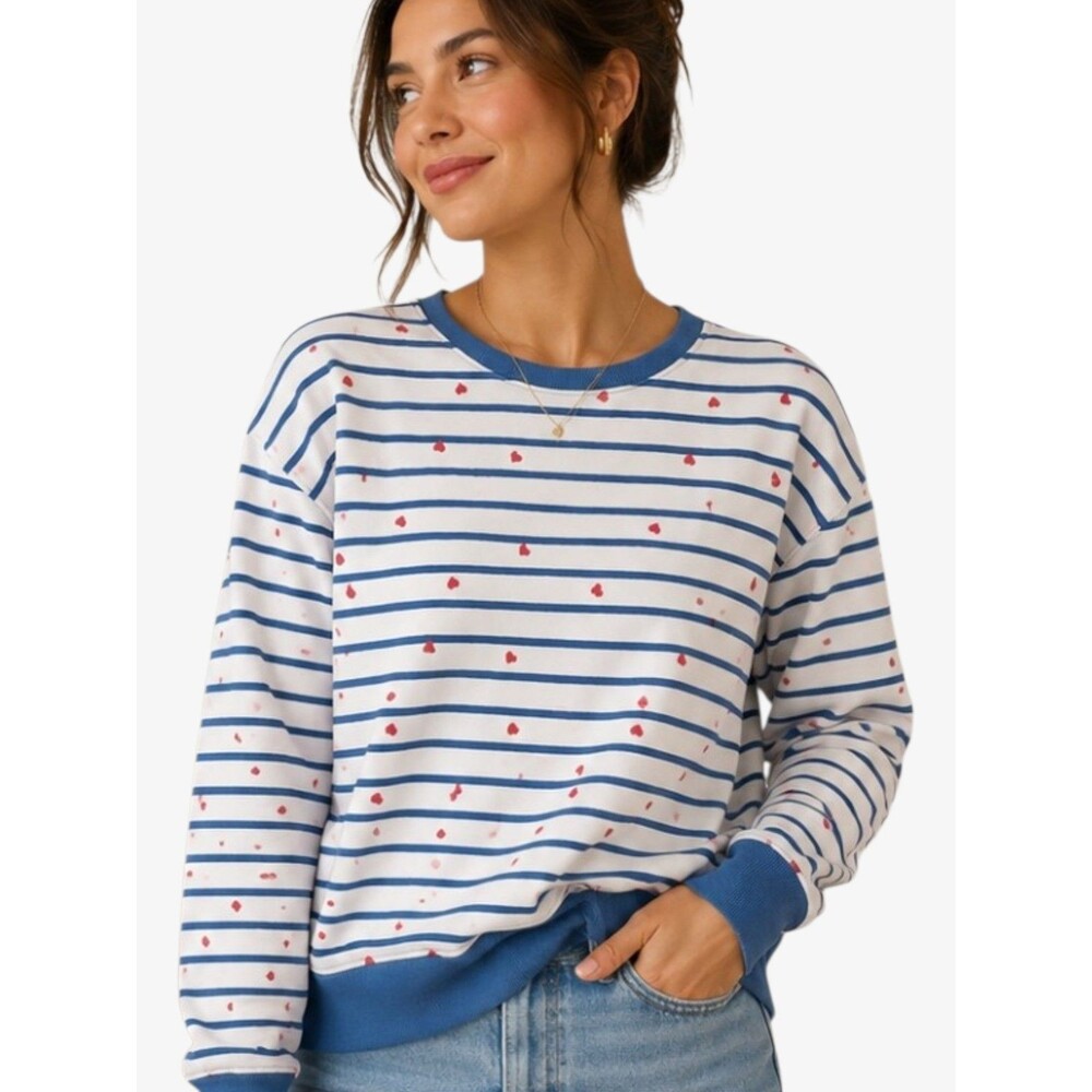 Pact Organic Cotton Heart Print Striped Sweatshirt XL Blue White Red Pullover - Picture 11 of 12